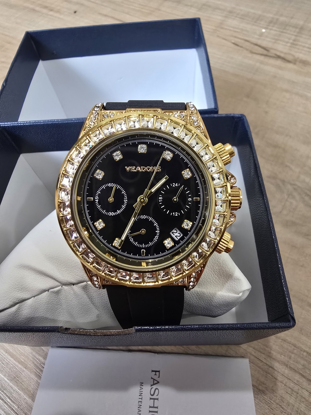 Men Gold-Tone Black Dial Crystal Accent Watch